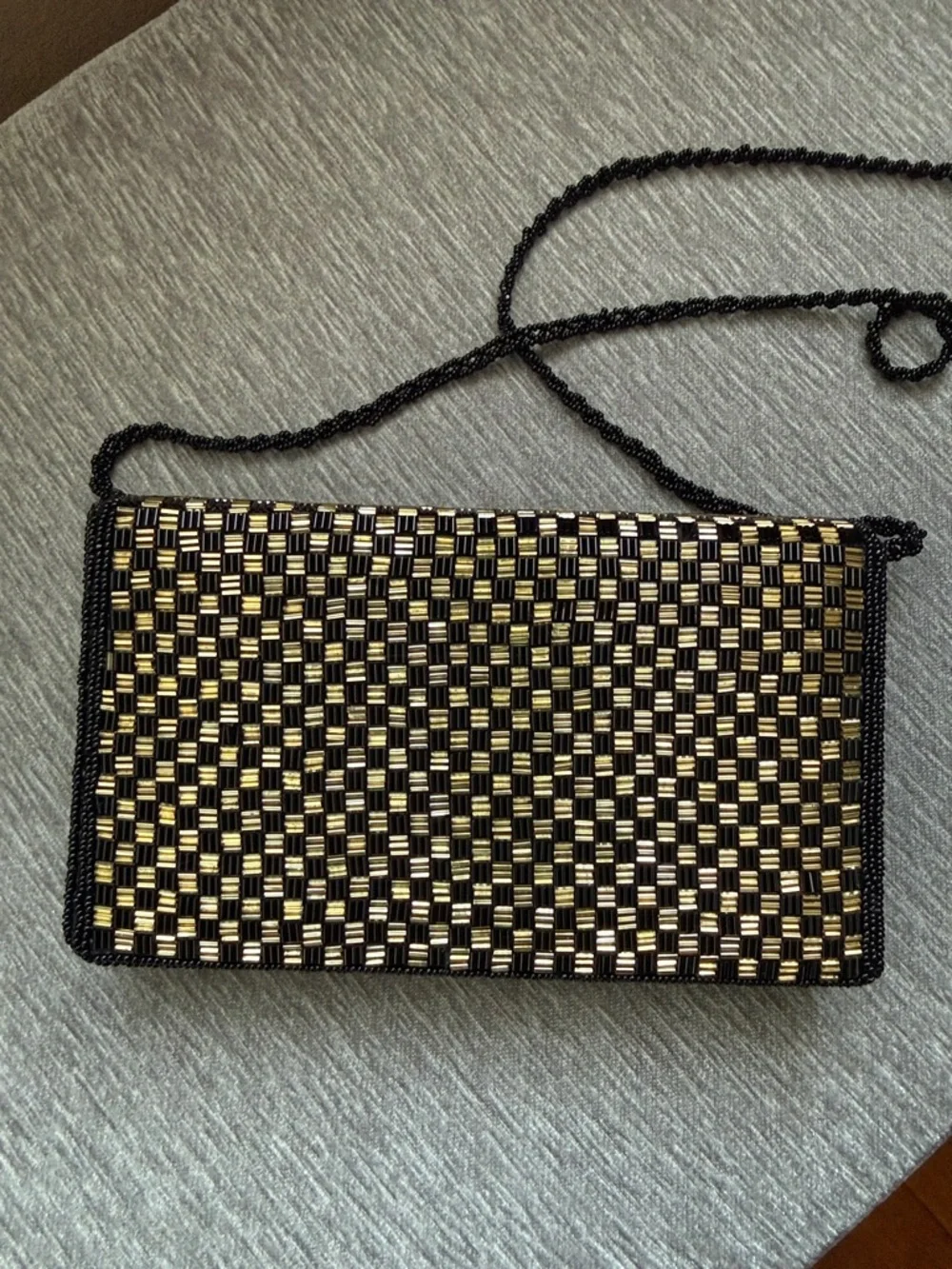 Vintage Beaded Checkerboard Clutch Crossbody Bag Gold Black Art Deco